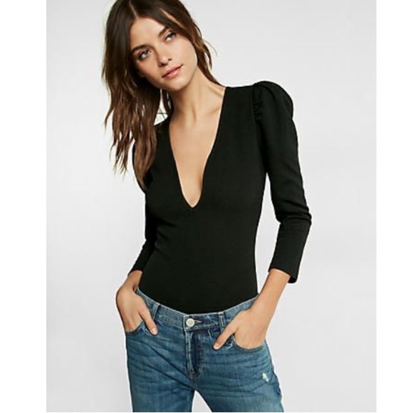 Express Tops - ✨nwt✨plunging neckline puff sleeve bodysuit